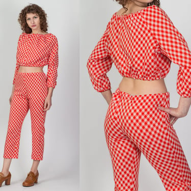 70s Red Gingham Pants Set - Small | Vintage Top & Matching High Waisted Cropped Trousers Outfit 
