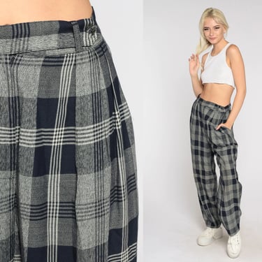 90s Plaid Pants Navy Blue Grey Checkered Trousers Pleated Tapered Leg Mod High Waisted Punk Preppy 1990s Vintage Jones New York Small 28 