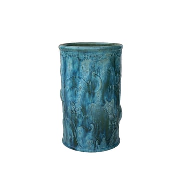 Vintage Chinese Turquoise Green Lotus Koi Fishes Ceramic Column Vase ws3522E 