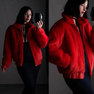 Vintage 80s Reversible Red Dyed Mink & Red Lambskin Leather Bomber Jacket | 100% Genuine Fur / Leather | 1980s Designer Womens Mink Jacket 