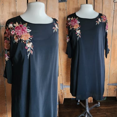 Vintage Johnny Was Embroidered Silk Dress Black Multicolored Floral 
