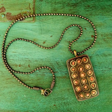 Vintage Brass Necklace~Geometric Pendant w/ Inlaid Coral~23" L Brass Ball Chain~Retro Pendant Mosaic inlay Orange Stone~JewelsandMetals 
