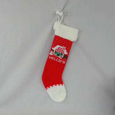 Vintage Knit Christmas Stocking - Welcome Cottage in the Snow - Slender 18