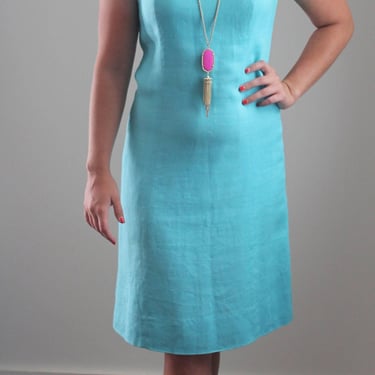 Turquoise Linen Sheath - Kentucky Derby - Summer Wedding Guest - Wiggle Dress - 1960s Mad Men - XS -Small - Size 2 -4 -6 