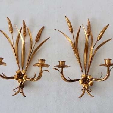 HANS KÖGL Italian Style Gilded Flowers Stems Leaves Wall Mount Candle Holders Sconces-a pair 