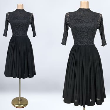 VINTAGE 50s 60s Black Lace Sweetheart Illusion Cocktail Dress | 1950s 1960s Full Chiffon and Taffeta Party Dress | VFG 
