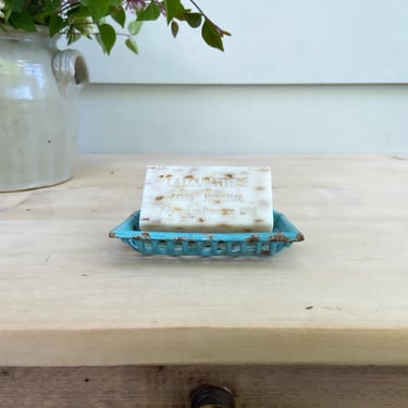 Beautiful rustic vintage French cast iron soap holder in turquoise blue 