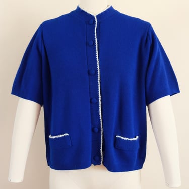 Vintage 60s Cobalt Blue Short Sleeve Dupont Orlon Acrylic Cardigan Sweater - Union Made 