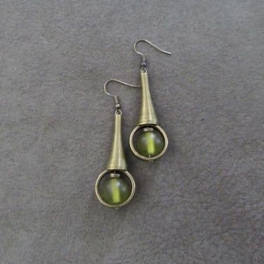Mid century modern earrings green frosted glass and bronze earrings 