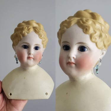 Antique Parian Doll Head with Elaborate Waterfall Bun Hairstyle and Pierced Ears 6.75