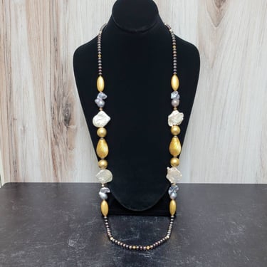Triple Baroque Pearl and Vermeil Bead XLong Necklace - One of a Kind Jewelry 
