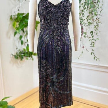 Vintage 1980s Party Dress | 80s Silk Sequin Beaded 20s Flapper Art Deco Special Occasion Holiday NYE Gown | small/medium 