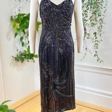 Vintage 1980s Party Dress | 80s Silk Sequin Beaded 20s Flapper Art Deco Special Occasion Holiday NYE Gown | small/medium 