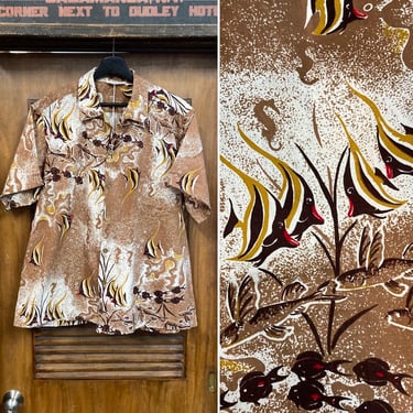 Vintage 1950’s Size XL “Shaheen’s” Atomic Fish Cotton Loop Collar Hawaiian Shirt, Signed Selvedge, 50’s Vintage Clothing 