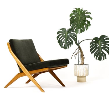 Danish Modern / Mid Century Oak Scissor Lounge Chair — Folke Ohlsson for Dux — Green Mohair 