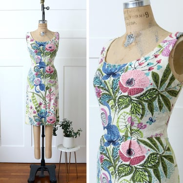 vintage 1950s ~ 60s floral dress • tailored wiggle pencil skirt sundress in textured linen blend fabric 