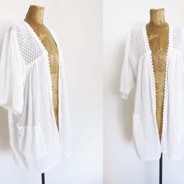 Vintage White Cotton Robe Cardigan S M - 80s Gauze Cotton Short Kimono Robe Jacket - Boho Hippie Oversized Robe - Swim Cover Up 