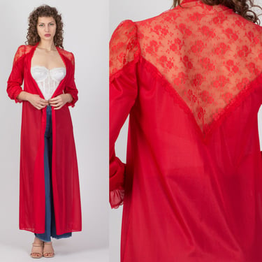 70s Sheer Red Peignoir Robe - Small to Medium | Vintage Lace Trim Maxi Negligee Dressing Gown 