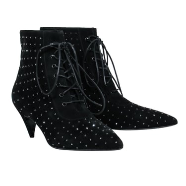 Saint Laurent - Black Suede Lace-Up Ankle Boots w/ Crystal Embellishments Sz 8