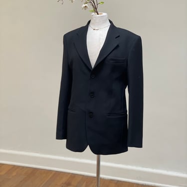 Vintage 1990s 00s Y2k Black Blazer Oversized Structured Tailored Basic Classic Vented Straight Cut Italian Suit Lapel Pockets 