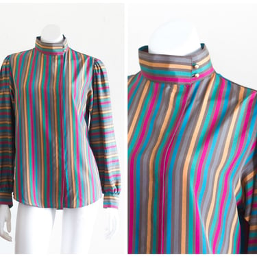 VIntage 1990s Striped Silky Blouse with Band Collar 