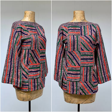 Vintage 1970s Patchwork Sweater, 70s Acrylic Knit Tunic, Heathered Boho Pullover, Small to Medium 