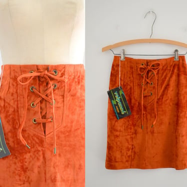 1970s NOS Orange Crushed Velvet Mini Skirt 