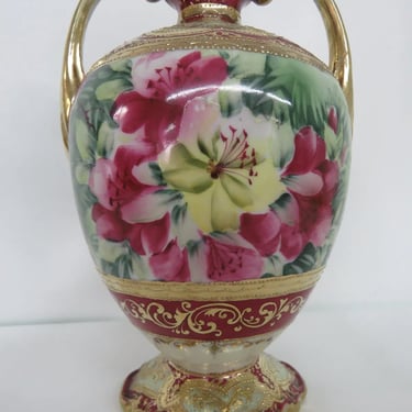 Nippon Hand Painted Flowers Vase with Two Gilded Handles 036B