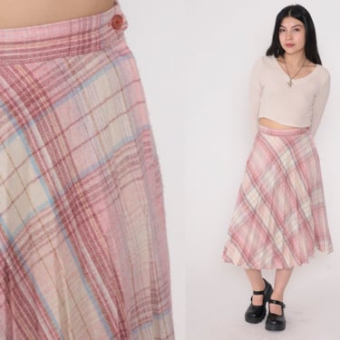 Metallic Pink Plaid Skirt 80s Pleated Midi Skirt Glittery School Shop Exile Tucson AZ