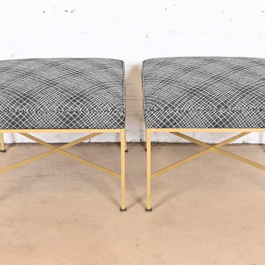 Paul McCobb for Directional X-Base Brass and Upholstered Stools or Ottomans, Newly Restored