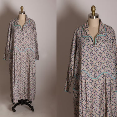1930s Cream and Blue Geometric Print Long Sleeve Feedsack Dress -1XL 