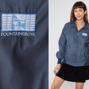 Fountaingrove Jacket 90s Navy Blue Zip Up Windbreaker Fountain Grove California Graphic Retro Uniform Vintage Duckster 1990s Mens Small S 