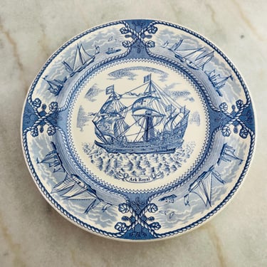 Vintage Wall Plate Ark Royal Nautical Collector’s Plate by Mason's 1960s Ironstone Blue and White Marine Seascape English Fleet Flag Ship 