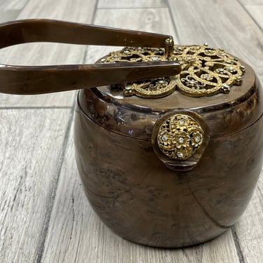 Wilardy lucite purse 1950s brown jeweled circular box bag 