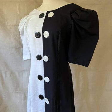 80s Postmodern Black & White Two Tone Puff Sleeve Wiggle Dress Size M 