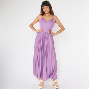 Vintage Maxi Party Dress XS Purple 70s Grecian Gown Pleated Deep V Neck Long Spaghetti Strap Flowing Disco Formal Evening Extra Small 