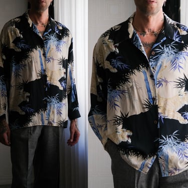 Vintage Avanti Hawaiian Long Sleeve Tiger & Bamboo Print Silk Hawaiian Shirt | 100% Silk | 1940s Loop Collar Style Hawaiian Tiger Silk Shirt 