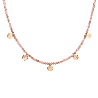 Champagne Garnet Wrap Gemstone Mini Hammered Disc Station Necklace - 18k Gold + Champagne Garnet