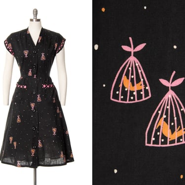 Vintage 1950s Shirt Dress | 50s Caged Bird Novelty Print Black Cotton Lattice Cage Pockets Fit Flare Shirtwaist Sundress Day Dress (medium) 