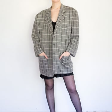 1990 GIANNI VERSACE COUTURE Vintage Menswear Gray Wool Plaid Blazer with Medusa Buttons + Lining 90s Oversized Minimalist 