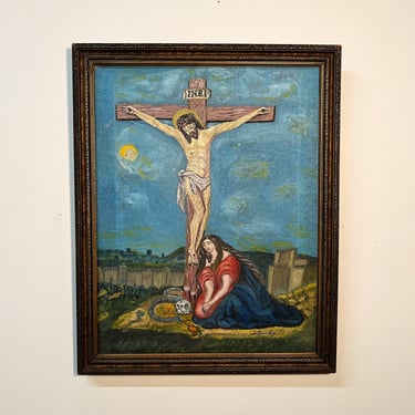 Antique Crucifixion Painting with Skull and Snake - Early 1900s Folk Art - Signed N. Kanellis - Iowa Origins - Unusual Outsider Art 