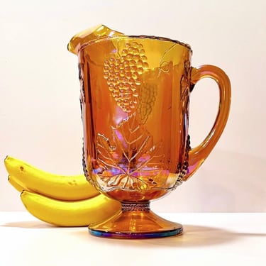 Vintage Amber Carnival Glass Pitcher Harvest Grapes & Leaves by Colony 64oz 