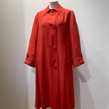 1940'S Long Swing Coat - Tomato Red Gabardine - Cloth Covered Buttons  - Colorfull Plaid Lining- Women's Size Medium to Large 