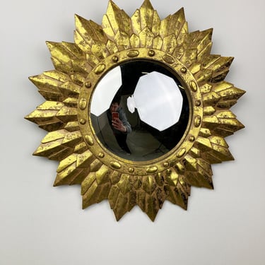 Vintage golden sunburst mirror, 1960s - gilded sunburst mirror - vintage butler mirror - vintage convex mirror - golden mirror 