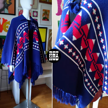 STUNNING Vintage 70s Navy Blue, Red, White Collared Knit Poncho with Tie Front 