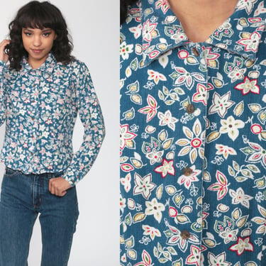 GUESS Shirt Y2K Floral Shirt Button Up Blouse Blue Long Sleeve Top Grunge Shirt Boho 90s Vintage 00s Medium 