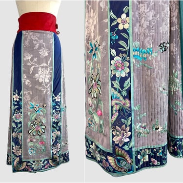 FINE CHINA Antique Hand Embroidered Silk Apron Skirt | Asian Wrap Pleated Skirt |  Vintage 20s 1920s | 30s 1930s Floral Butterfly Embroidery 