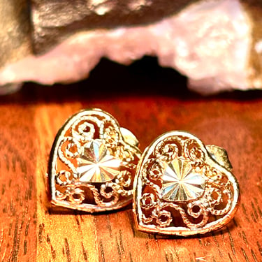 Vintage Gold Tone Sterling Silver Filigree Heart Stud Earrings Retro Jewelry Gift 