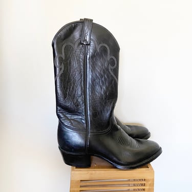 Vintage Black Mens Leather Cowboy Boots, Made in the USA 