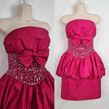 Vintage 80s Hot Pink Prom Dress, Size Extra Small 